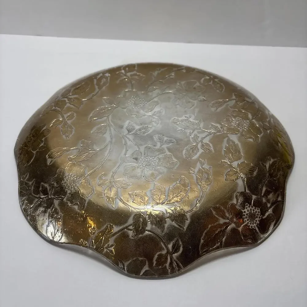 Vintage Etched Glass Plate 11” Gold Floral Scalloped Edge Mid-Century
